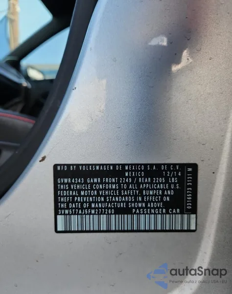 2015 Volkswagen Jetta Gli из США, поврежденный, VIN 3VW5T7AJ5FM277260